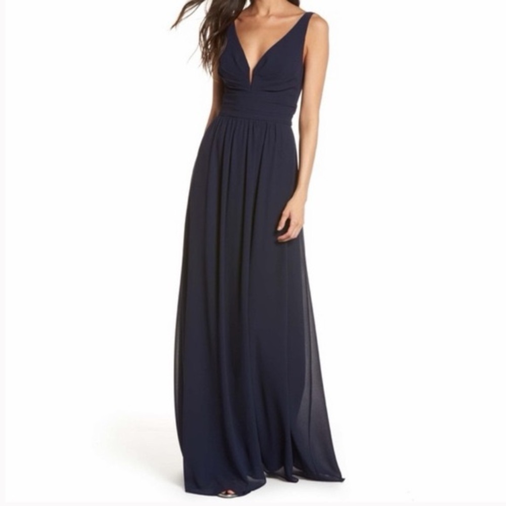 Lulu's Navy V-Neck Maxi Dress with Gathered Waist